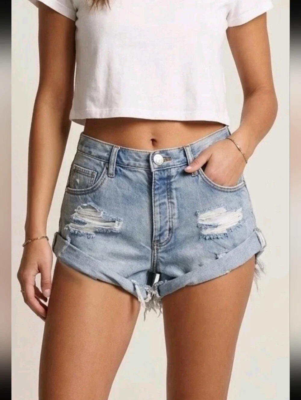 One Teaspoon Outlaws Distressed Cuffed Denim Shorts 28